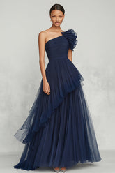 Marineblaues A-Linie Ballkleid aus Tüll mit einer Schulter